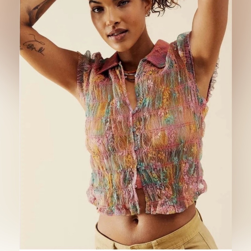 ✨Free People✨Julie Printed Lace Stretch Top Tropical Sunset Size XL. NWT🦋